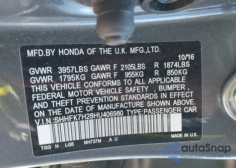 2017 Honda Civic Lx from USA, damaged, VIN SHHFK7H28HU406980